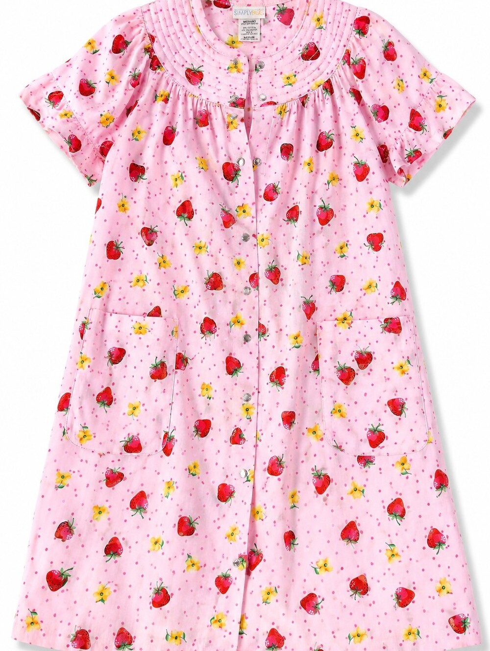 Vintage Strawberry House Dress Pink Snap Front Cottagecore Lounge Dress Floral M